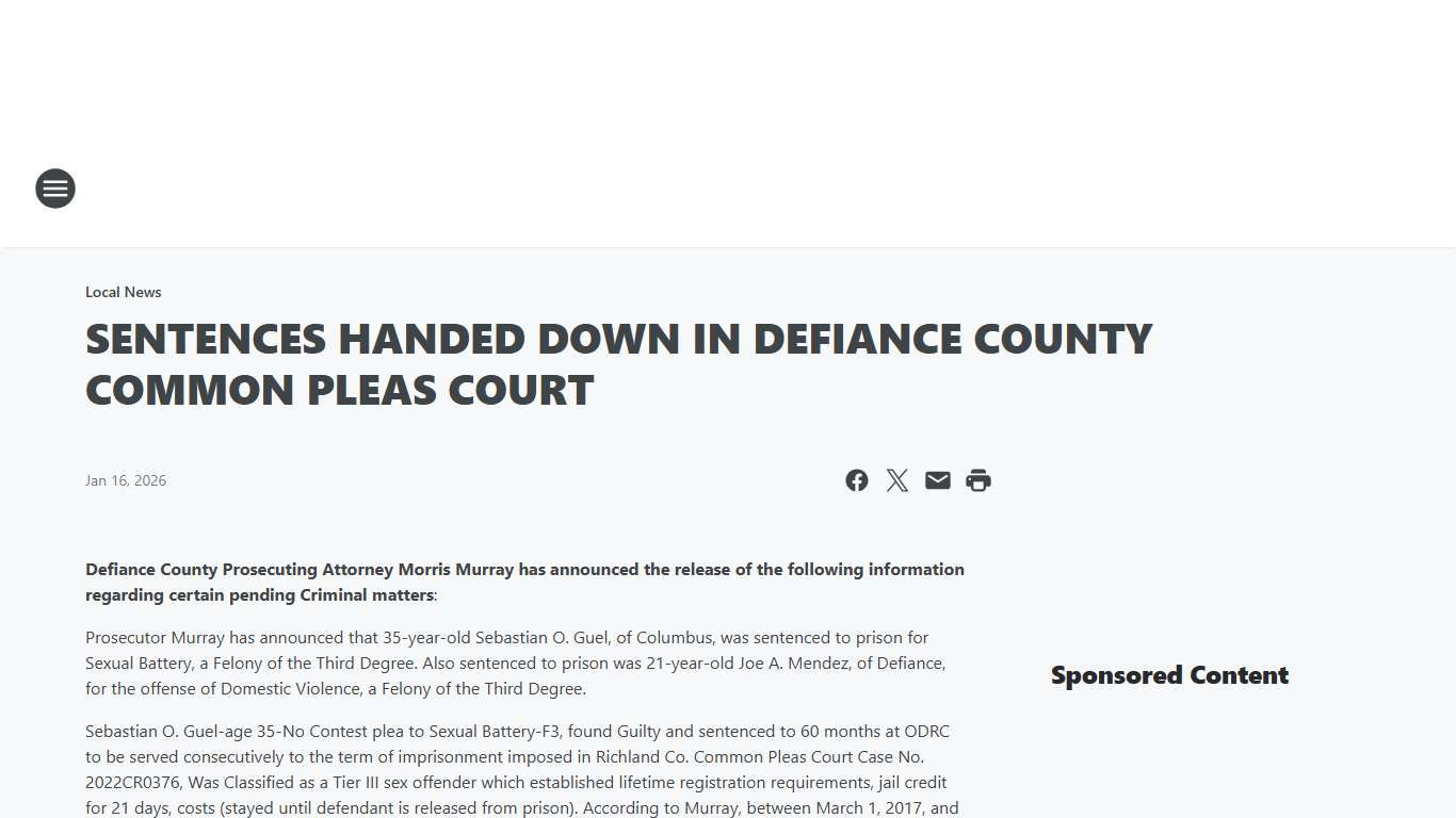 SENTENCES HANDED DOWN IN DEFIANCE COUNTY COMMON PLEAS COURT Mix 98.1