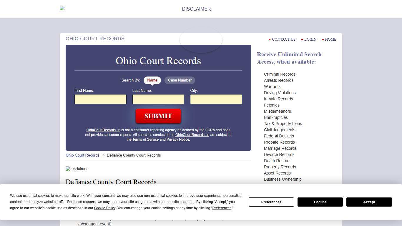 Defiance County Court Records OhioCourtRecords.us